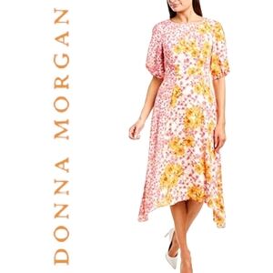 DONNA MORGAN Twin Print Georgette Midi Dress Pink/Orange Floral Puff Slvs Size 8